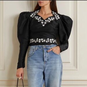 NWT batsheva ines blouse black white embroidered flowers puff sleeves 10